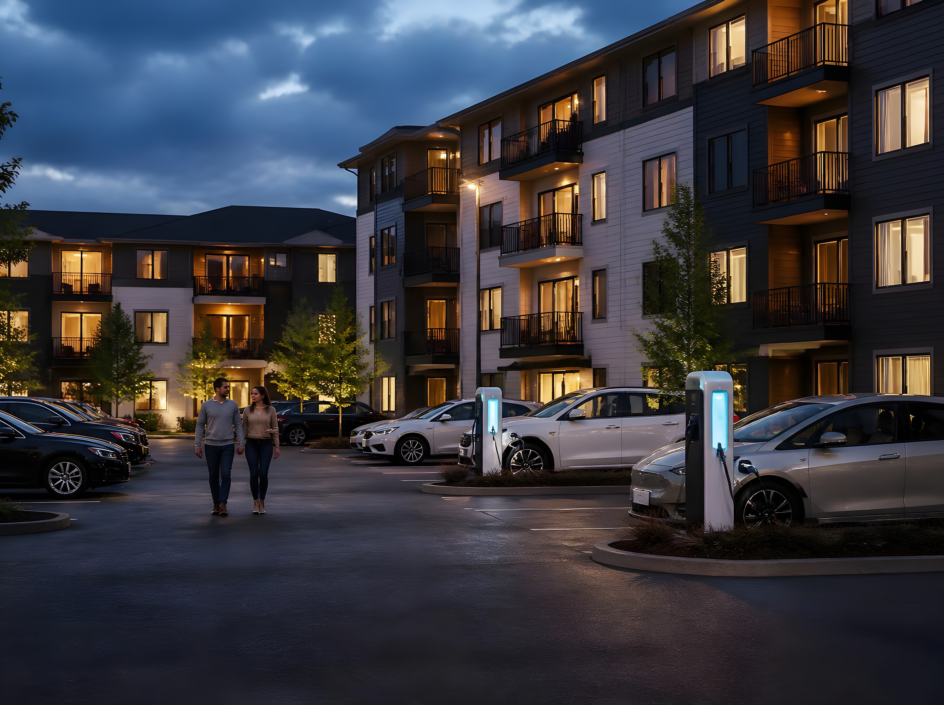 Apartment community at dusk with electric cars charging in the parking area