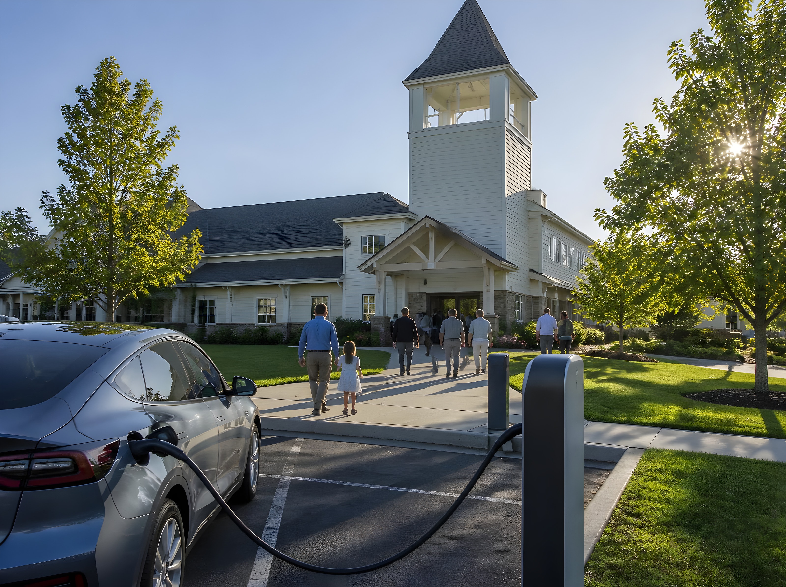 Community church with a bell tower and an electric car charging in its parking lot