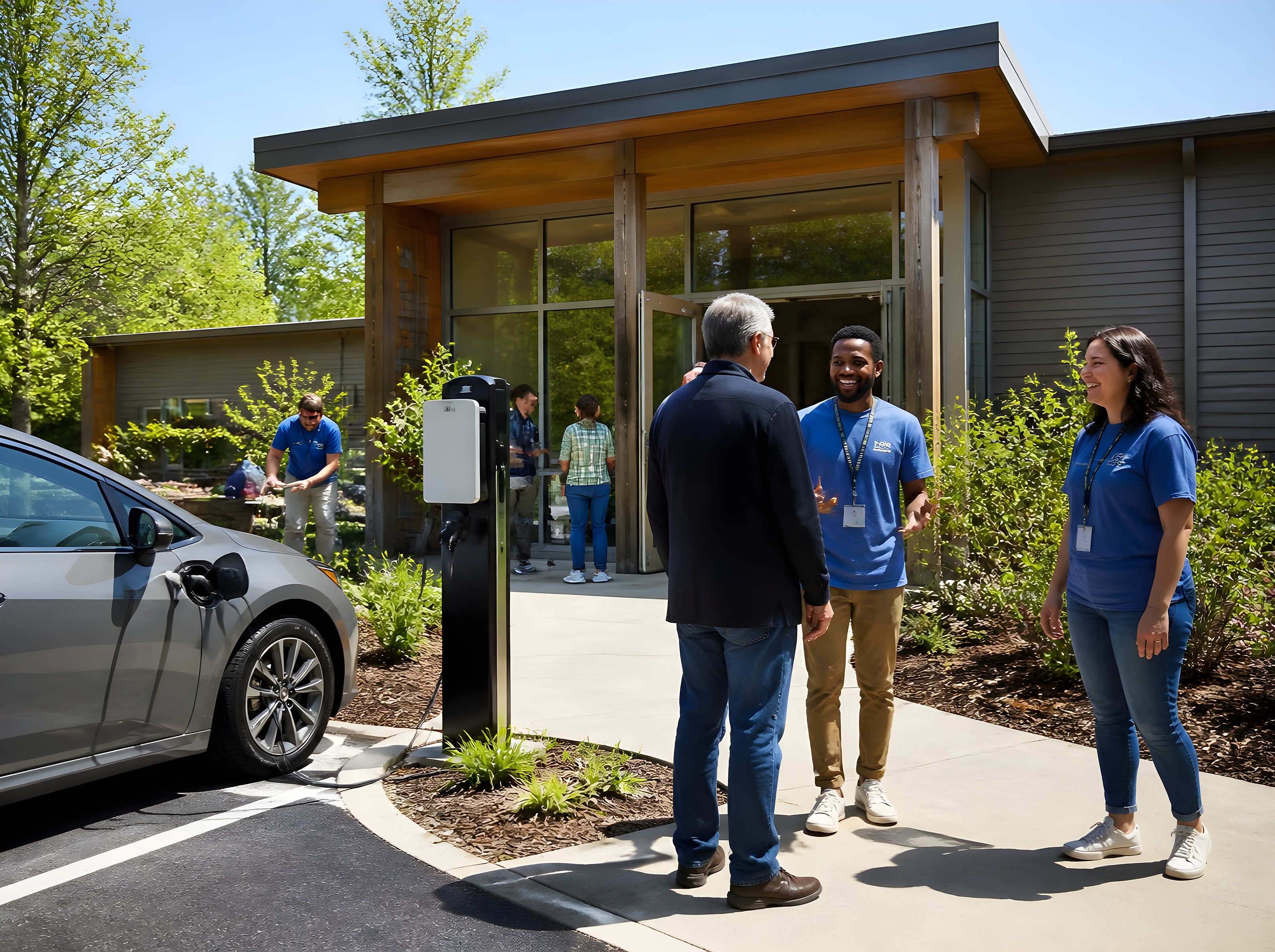 Community center with volunteers greeting visitors and an electric car charging in the lot
