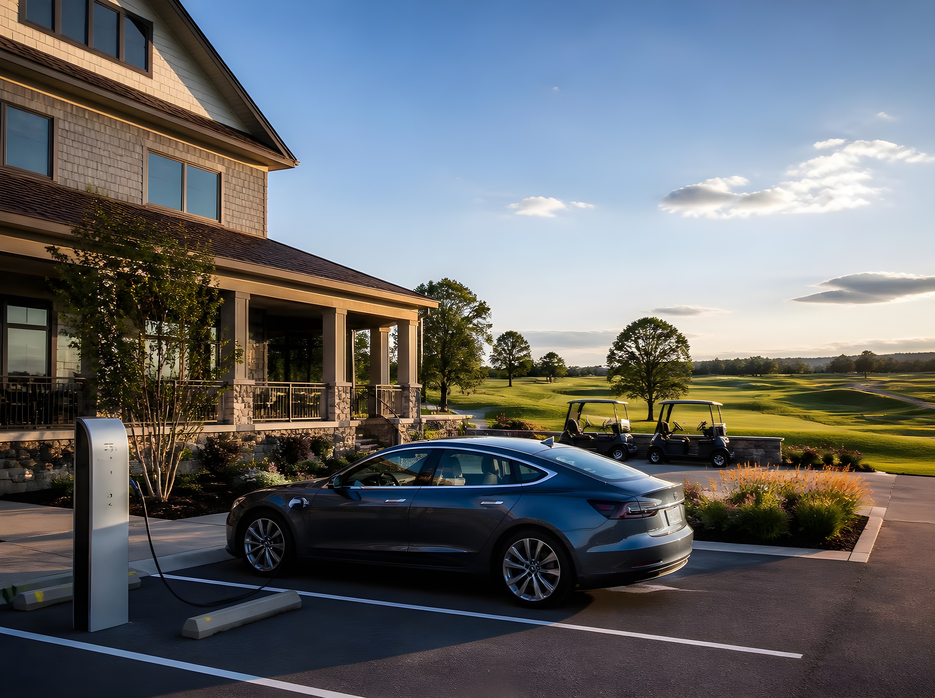 Golf clubhouse with an electric car charging in the parking lot and a fairway beyond