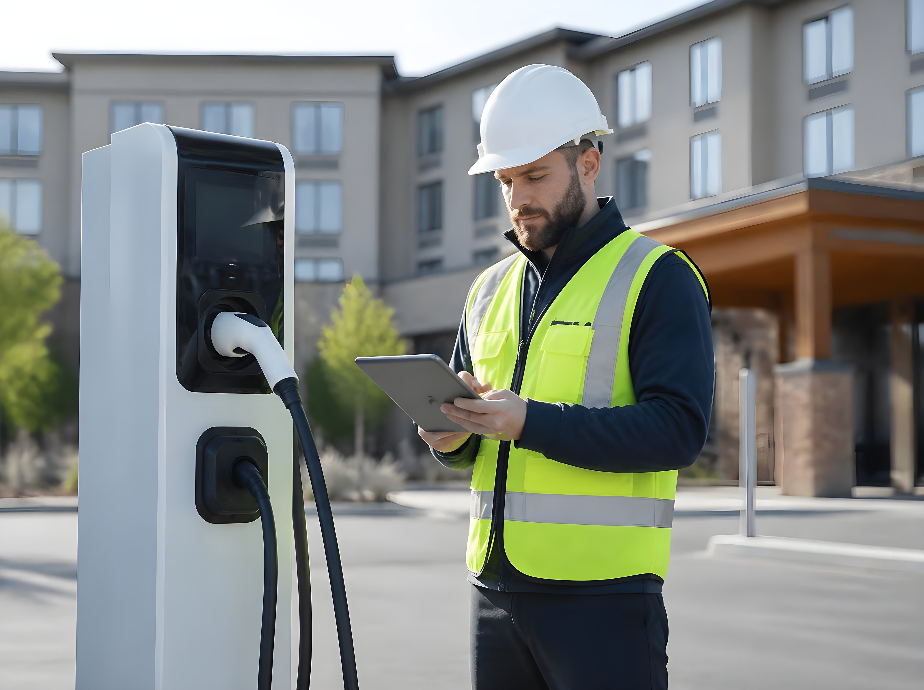 Electrician in a safety vest commissioning an EV charging station with a tablet