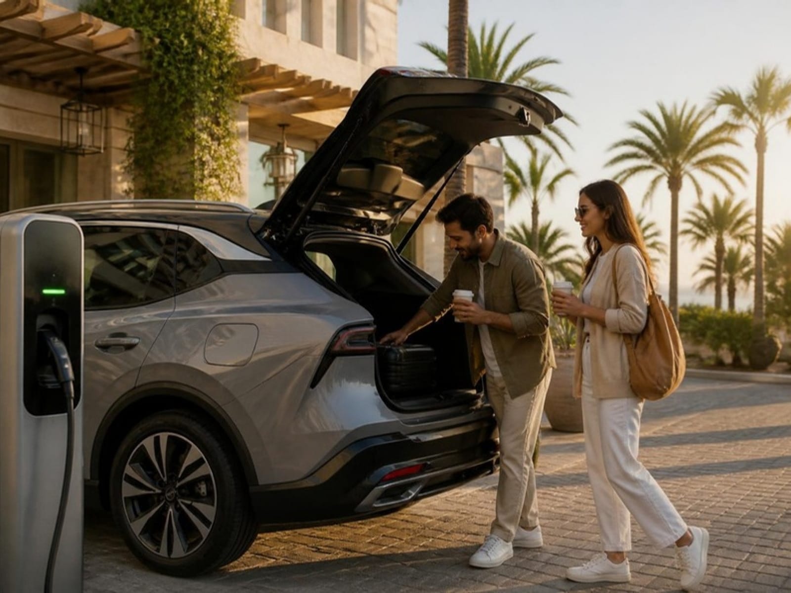 Couple with coffee loading luggage into their charged electric car at a hotel entrance in the morning