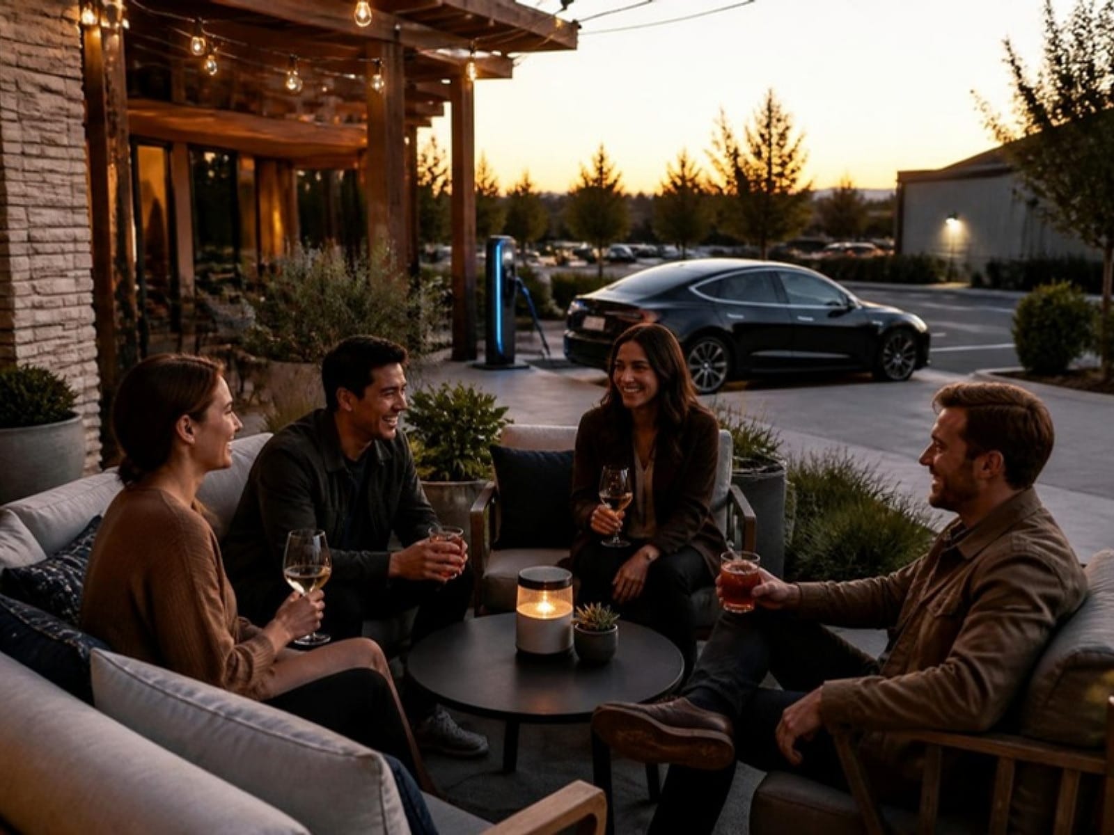 Friends laughing over drinks on a hotel patio at golden hour while an electric car charges nearby