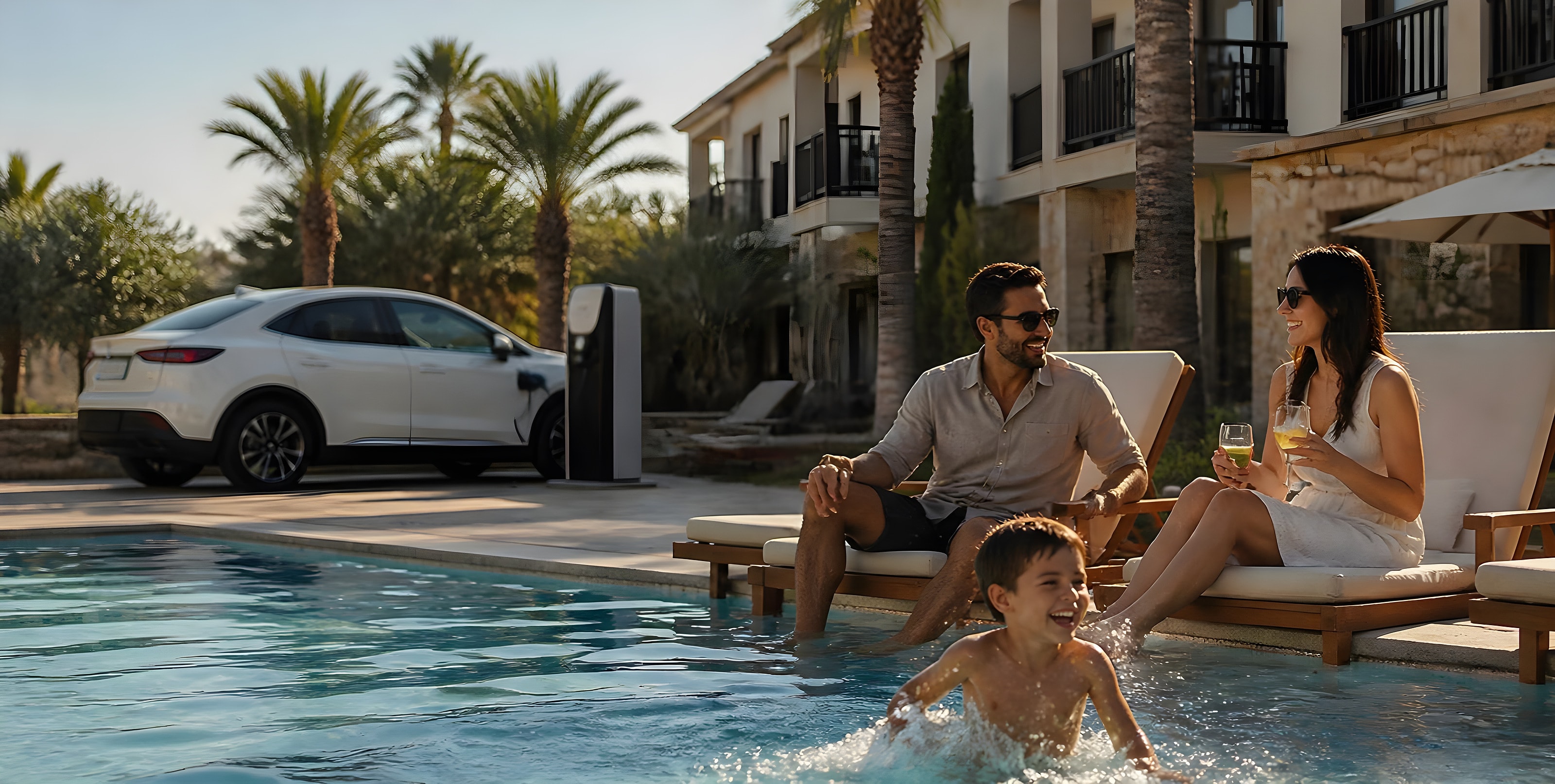 Family relaxing beside a hotel pool while their electric car charges in the background