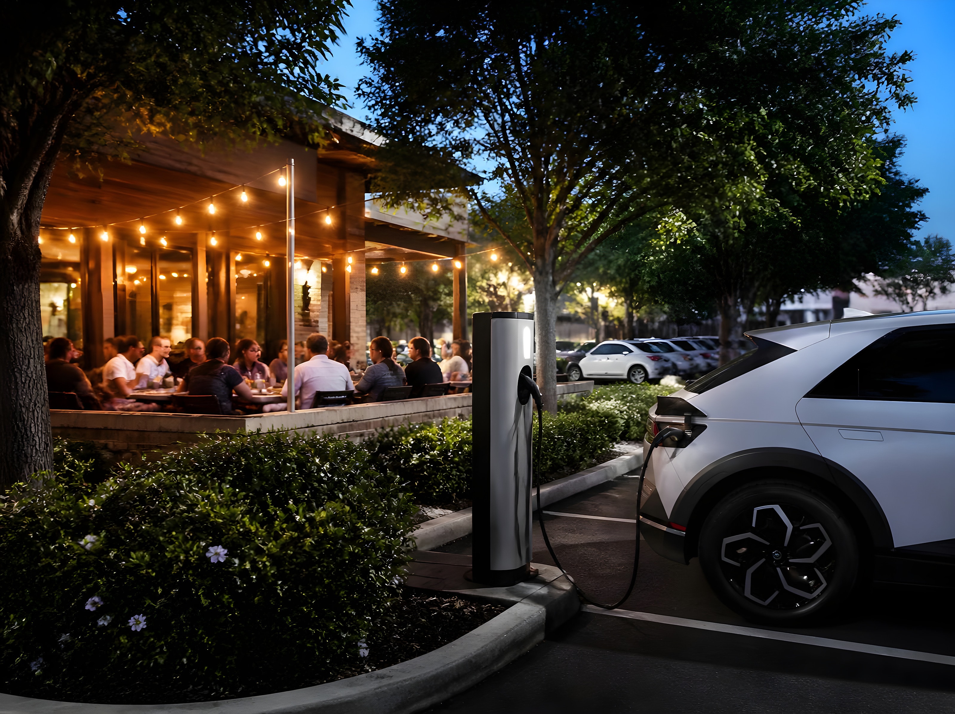 Restaurant patio with string lights in the evening and an electric car charging nearby