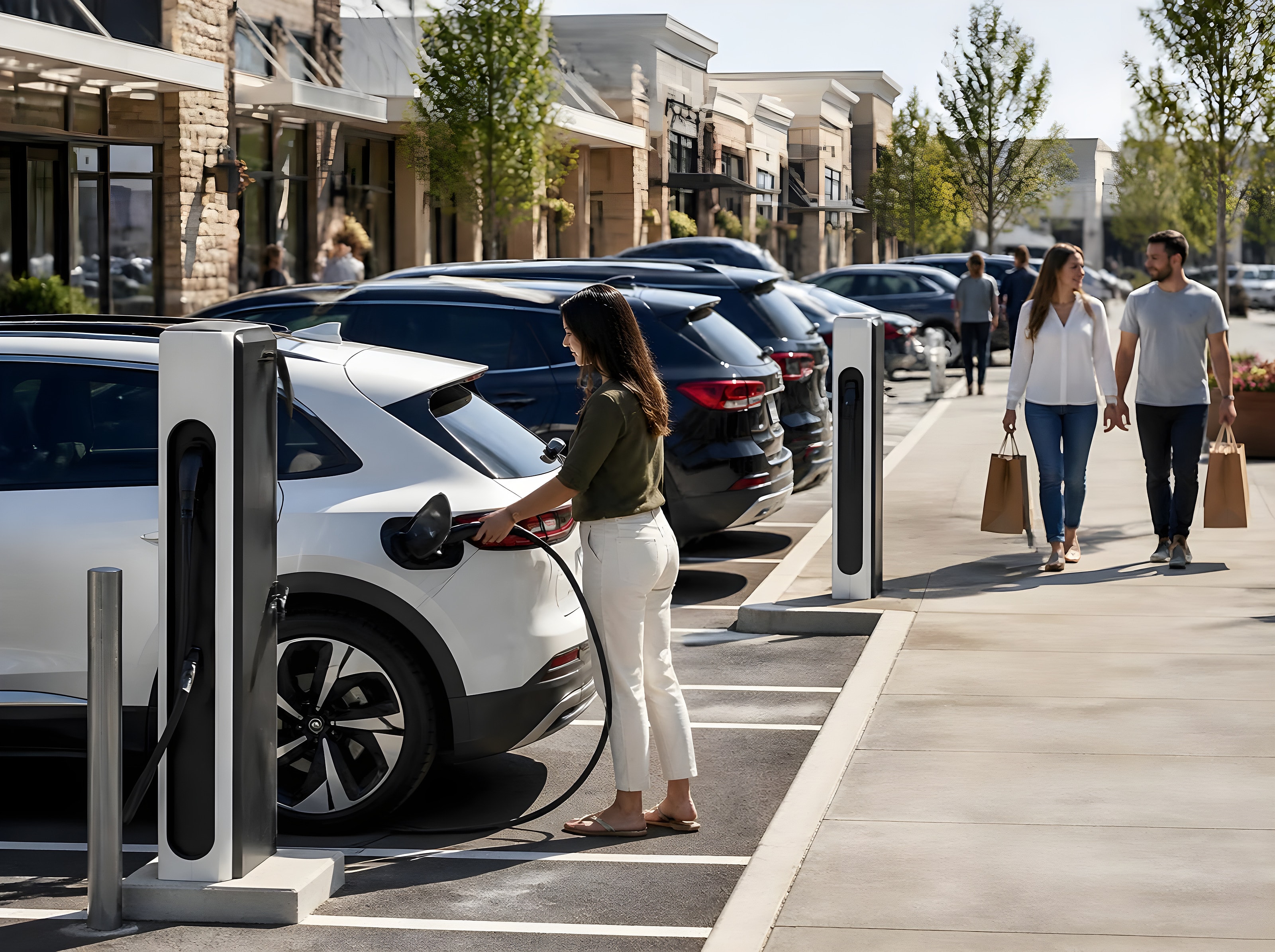 Shopping center parking lot with a car charging at an EV station
