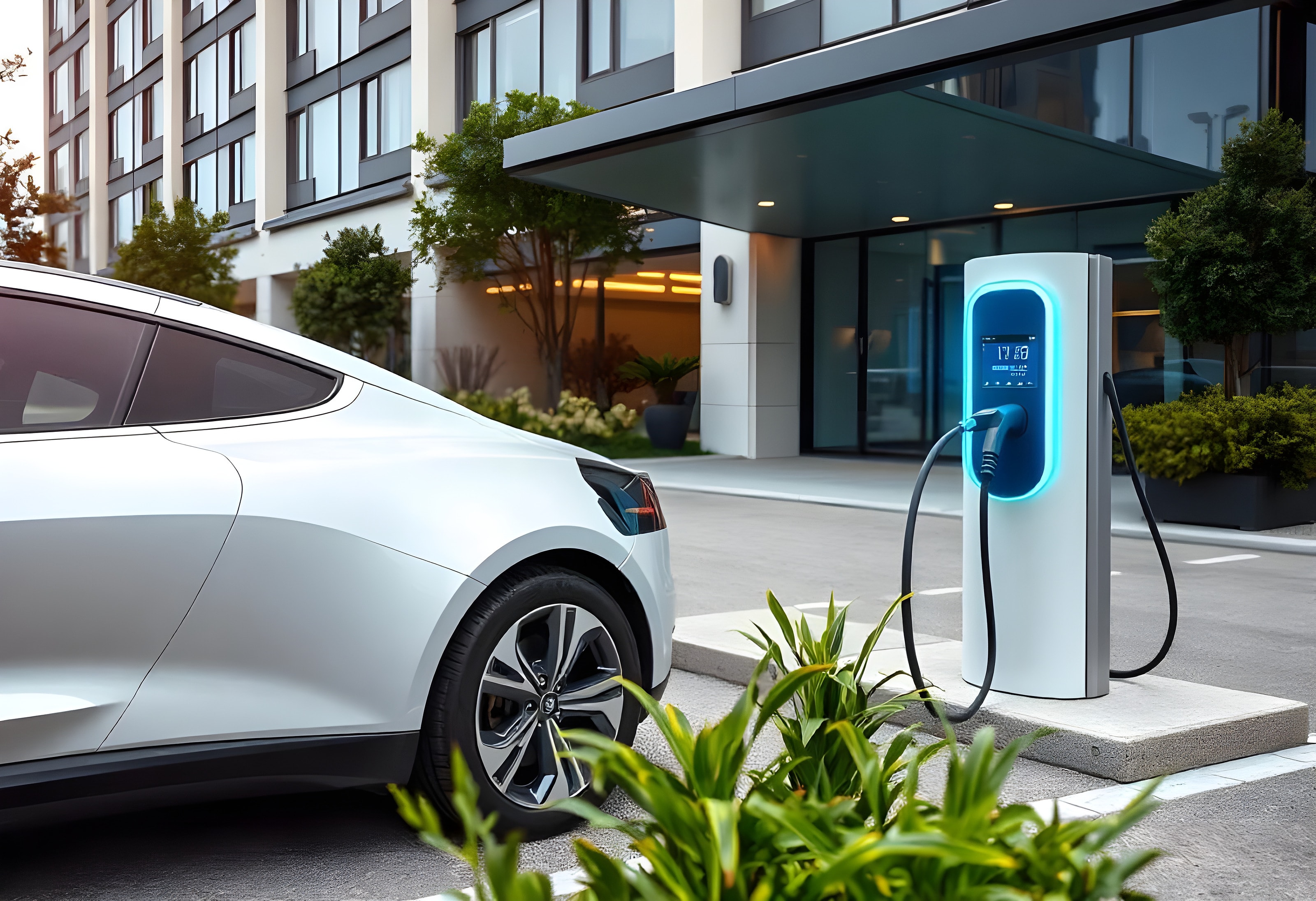 White electric car plugged into a charging station outside a hotel entrance