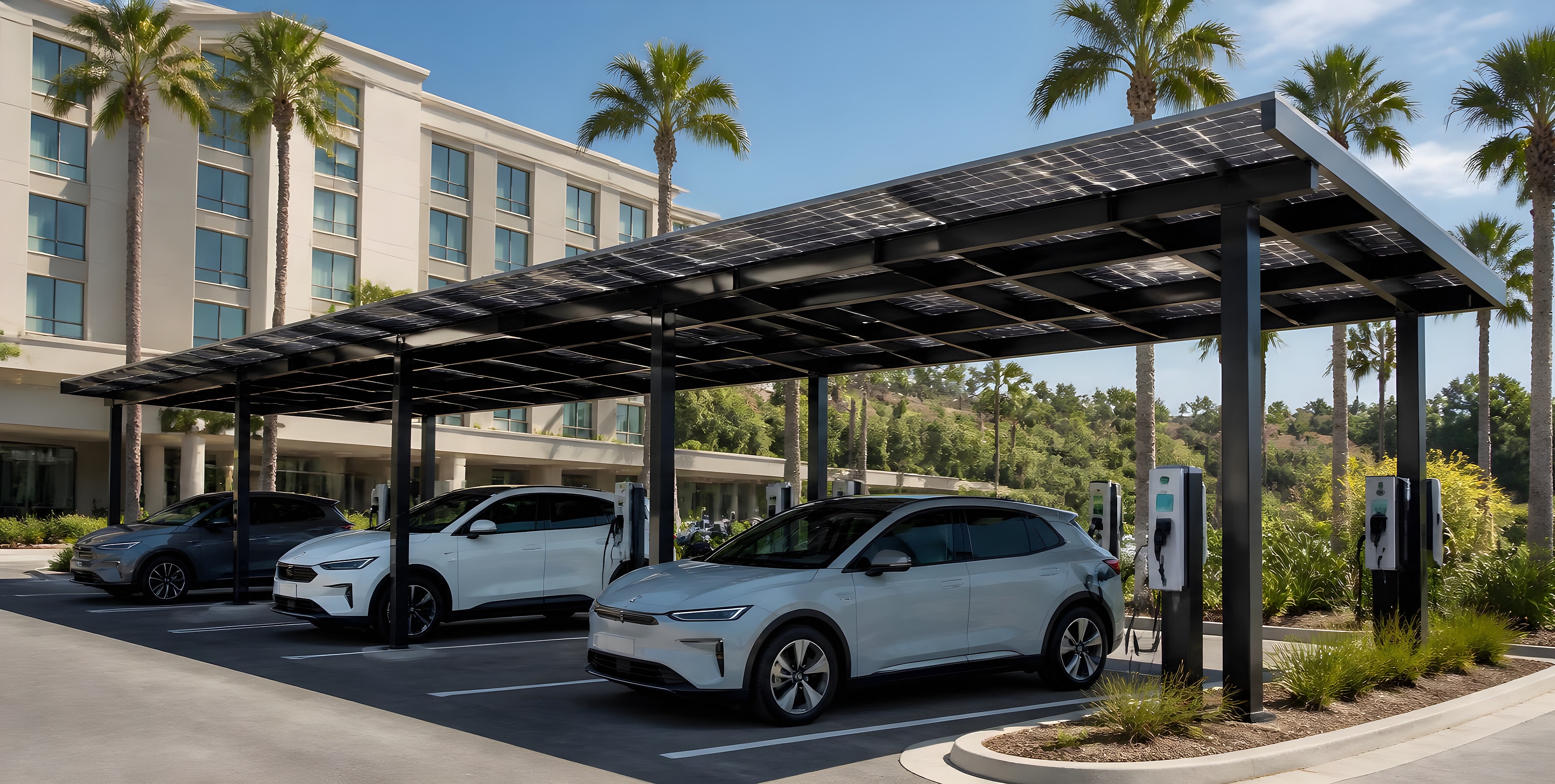 Solar carport canopy over a hotel parking lot with electric cars charging underneath