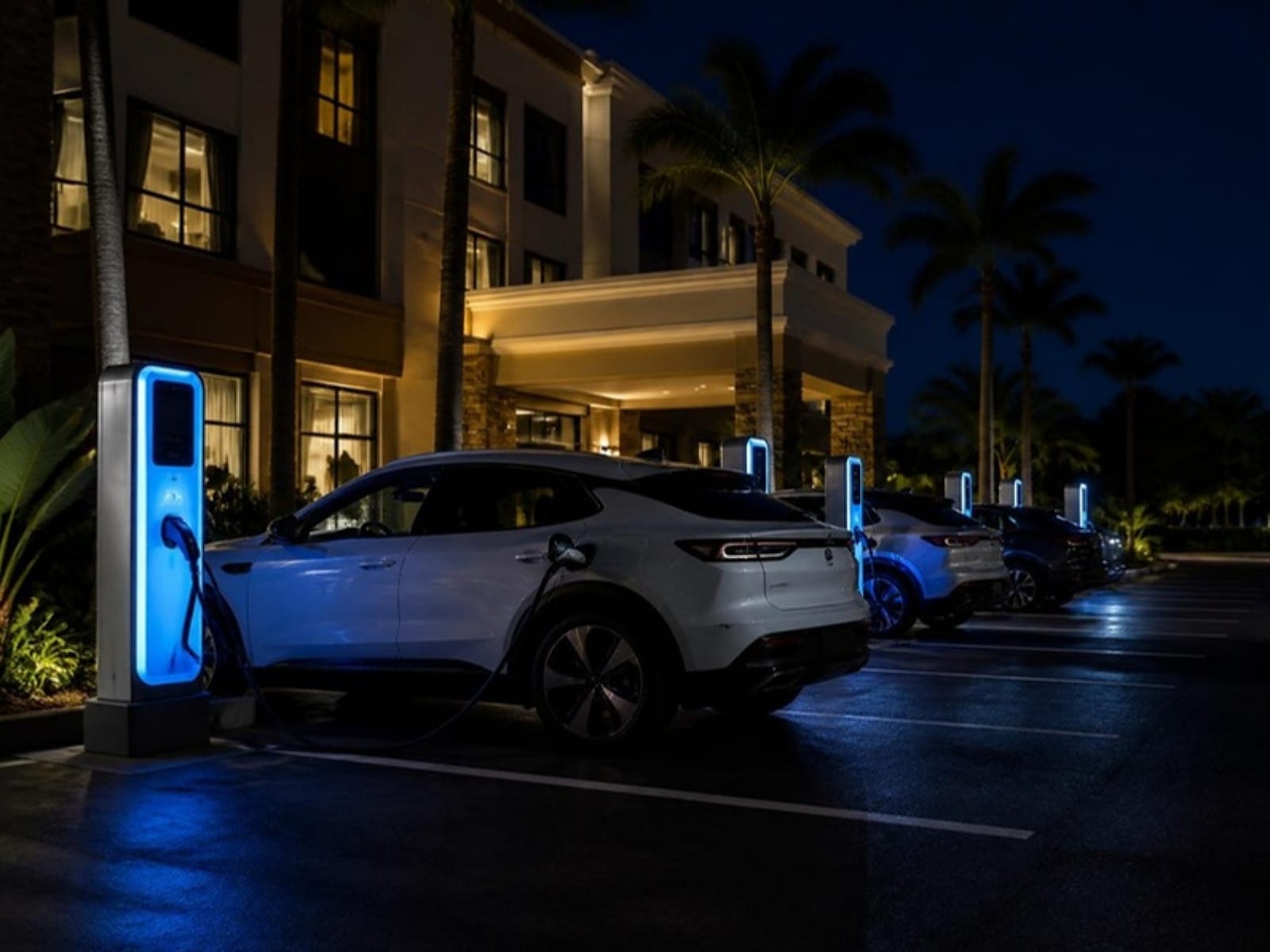 Electric vehicles charging overnight in a hotel parking lot