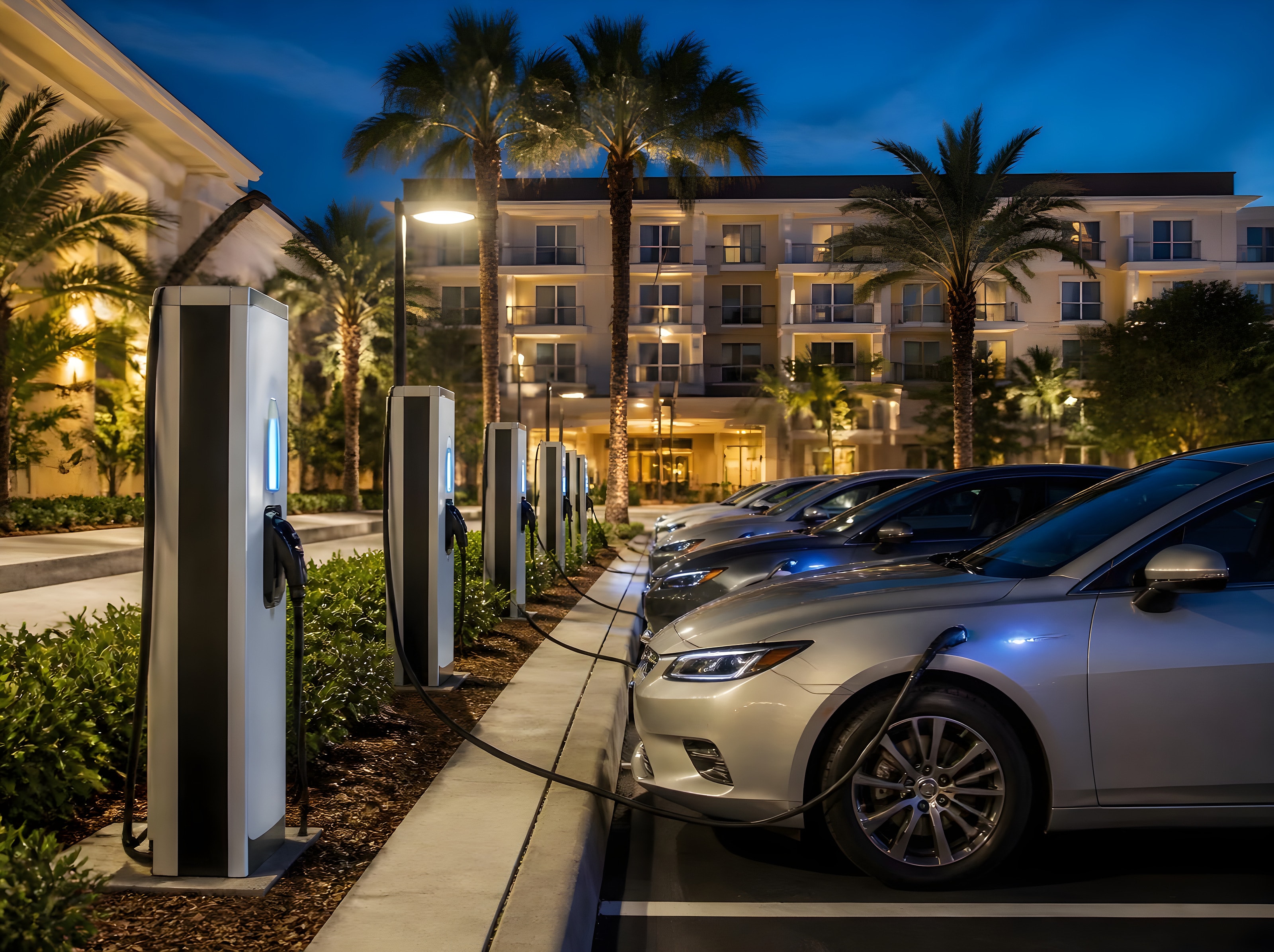 Row of EV charging stations in a hotel parking lot at dusk