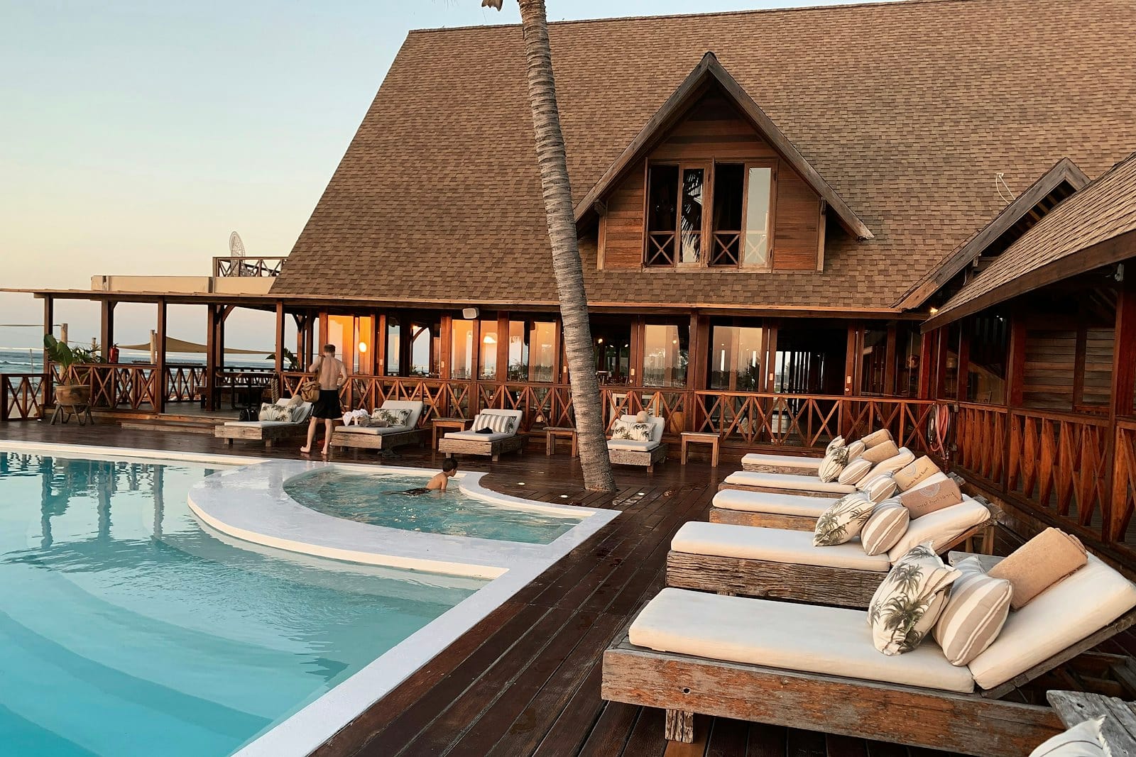 Resort hotel pool at dusk
