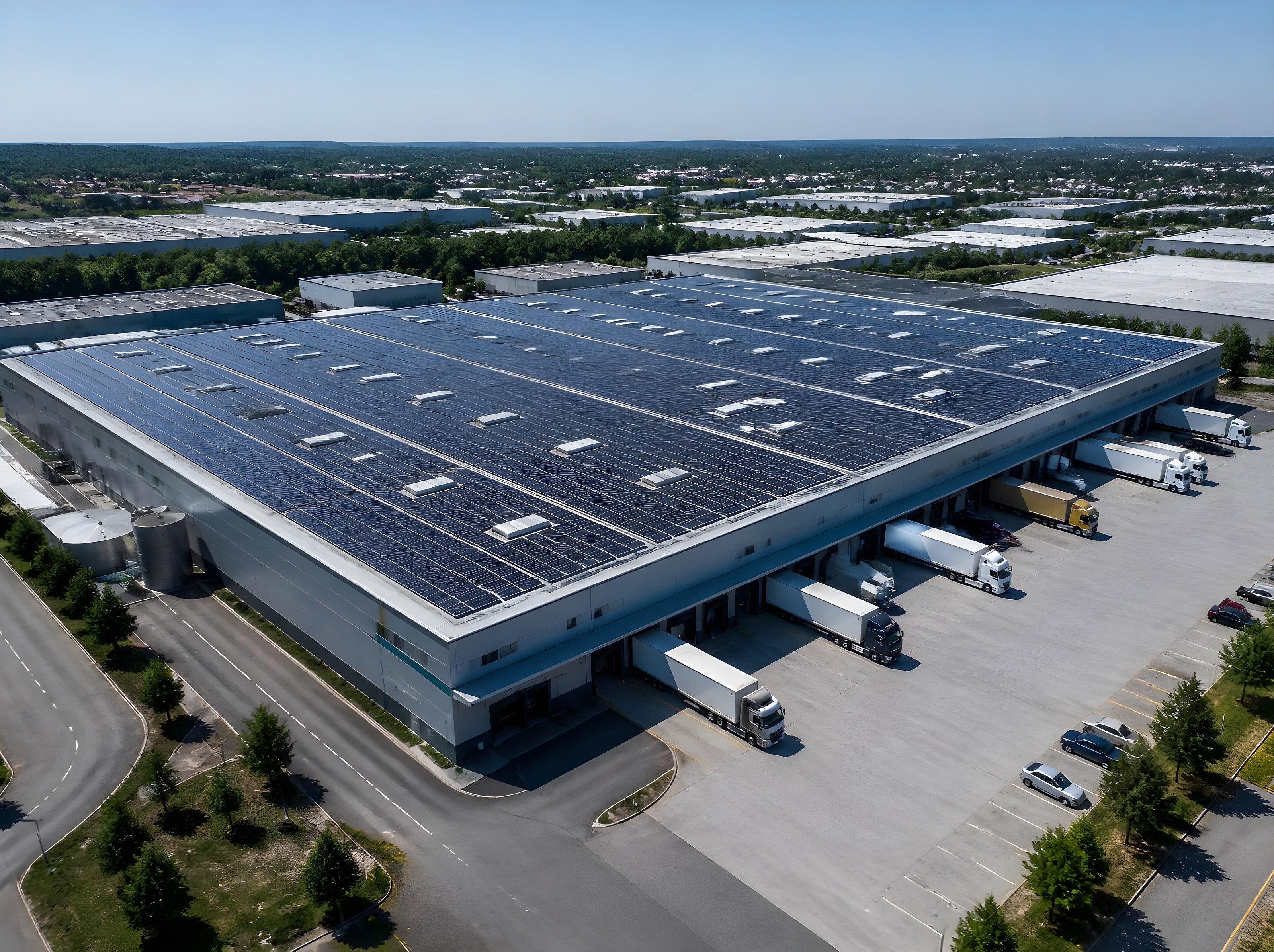 Aerial view of a distribution warehouse with a roof covered in solar panels